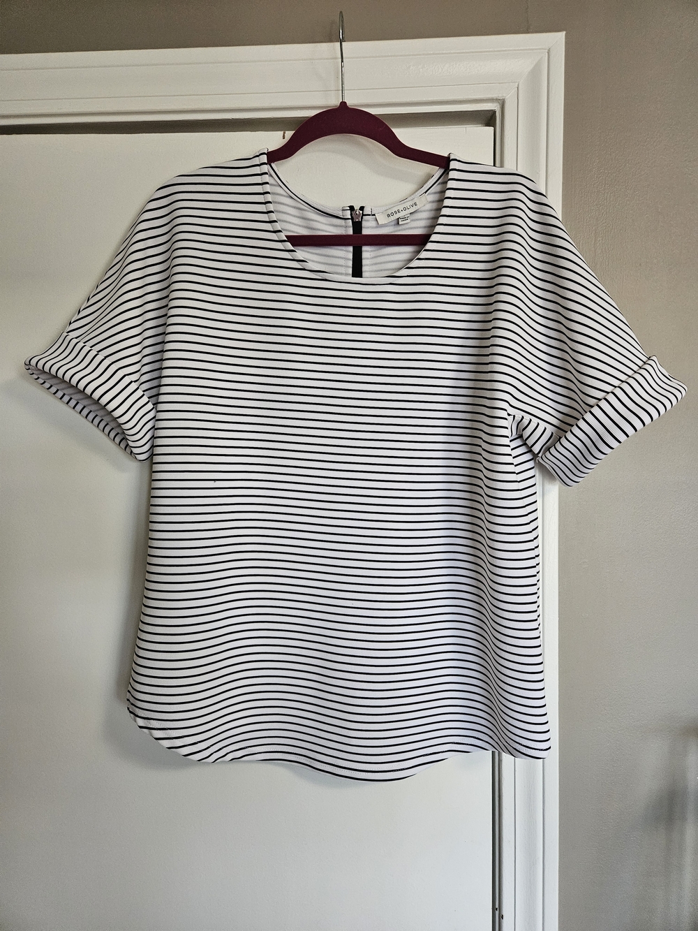 Rose + Olive Black and White Stripe with Exposed Back Black Zip - L